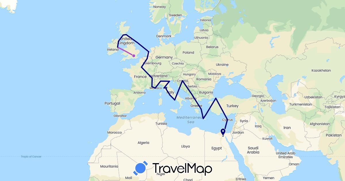 TravelMap itinerary: driving, train in Belgium, Switzerland, Cyprus, Egypt, France, United Kingdom, Greece, Croatia, Ireland, Italy, Netherlands, Turkey (Africa, Asia, Europe)